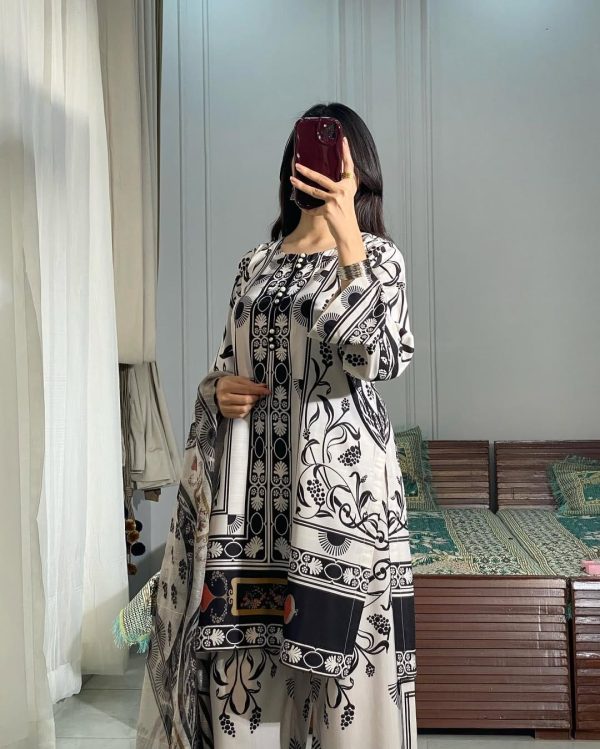 3 Pcs Swiss Lawn Printed Dress – Black & White – Medium Size – Shirt, Trouser & Dupatta Set (stitched Suit)