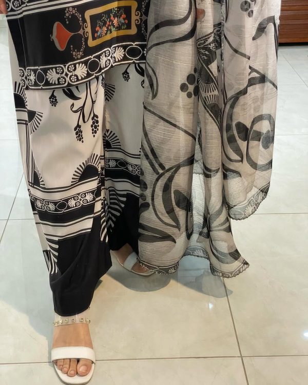 3 Pcs Swiss Lawn Printed Dress – Black & White – Medium Size – Shirt, Trouser & Dupatta Set (stitched Suit)