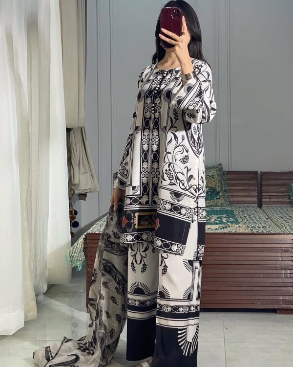 3 Pcs Swiss Lawn Printed Dress – Black & White – Medium Size – Shirt, Trouser & Dupatta Set (stitched Suit)