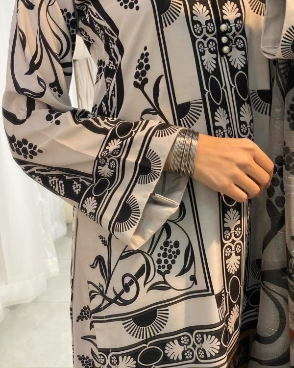3 Pcs Swiss Lawn Printed Dress – Black & White – Medium Size – Shirt, Trouser & Dupatta Set (stitched Suit)